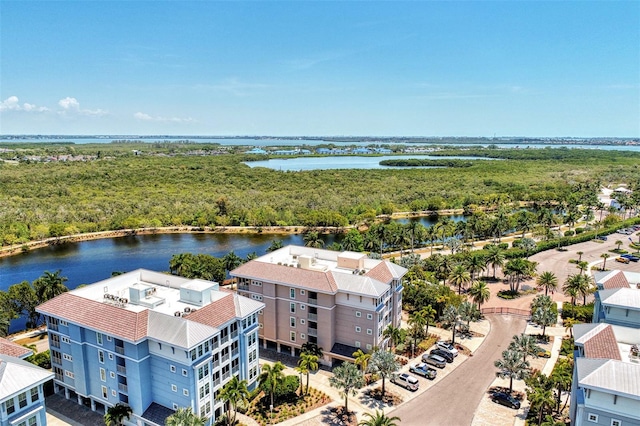 drone / aerial view with a water view