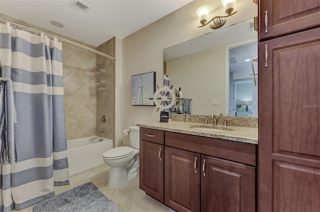 full bathroom with toilet, shower / bath combination with curtain, vanity, and tile patterned floors