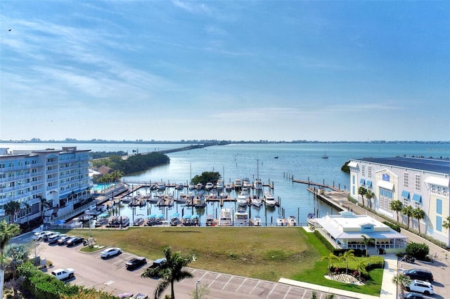 birds eye view of property featuring a water view