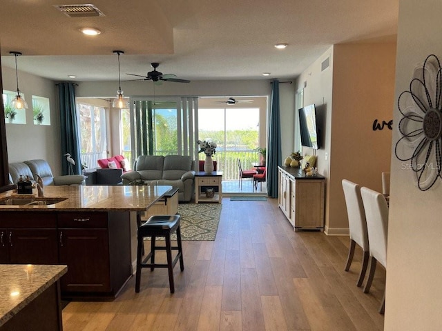 kitchen featuring pendant lighting, a kitchen breakfast bar, a healthy amount of sunlight, and light hardwood / wood-style floors