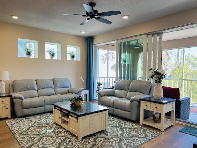 living room featuring ceiling fan, plenty of natural light, wood-type flooring, and a textured ceiling