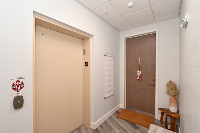 doorway with a paneled ceiling, light hardwood / wood-style flooring, and elevator