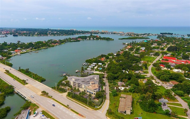 drone / aerial view with a water view