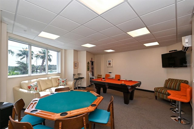 rec room featuring carpet flooring, a paneled ceiling, and pool table