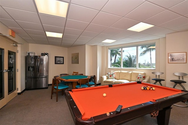 game room with a paneled ceiling, carpet, and billiards