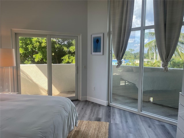 bedroom with wood-type flooring and multiple windows