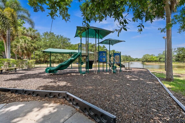 view of play area featuring a water view