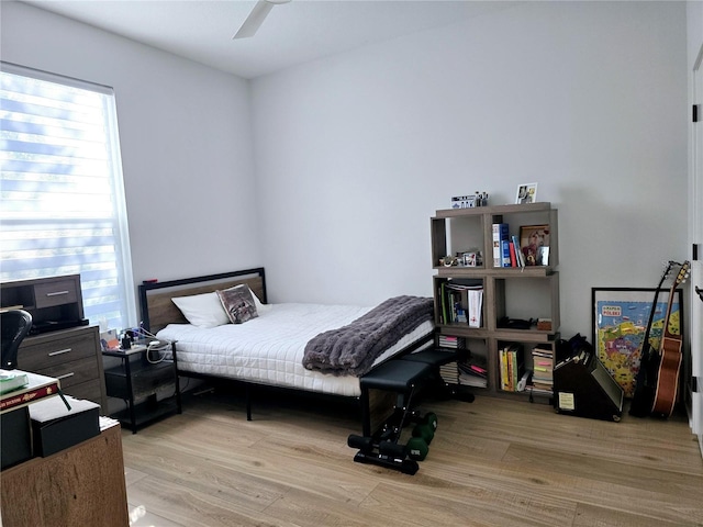 bedroom with light wood finished floors, ceiling fan, and multiple windows