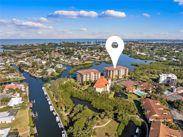 bird's eye view with a water view