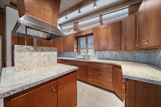 kitchen featuring premium range hood, sink, backsplash, and track lighting