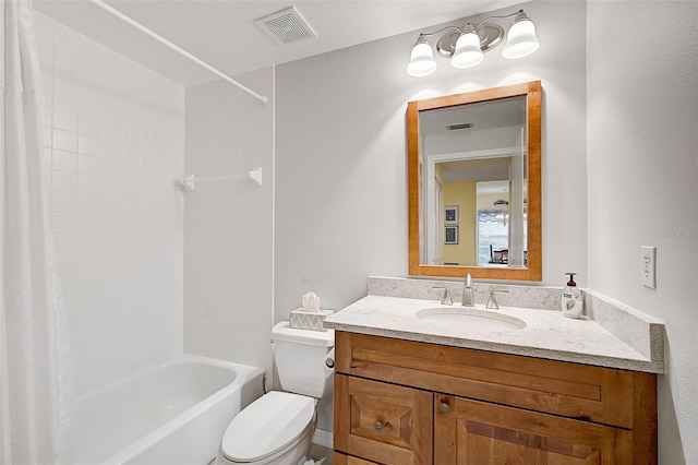 full bathroom featuring oversized vanity, toilet, and shower / tub combo