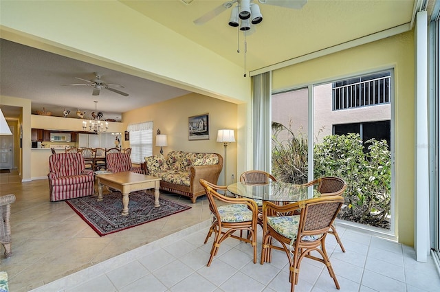 exterior space with ceiling fan and light tile floors