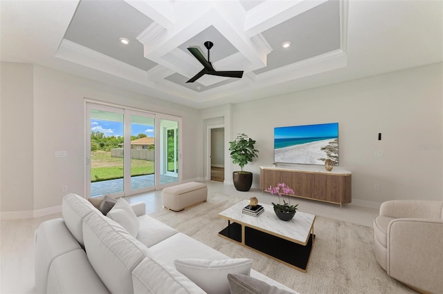 living room with coffered ceiling, beam ceiling, and ceiling fan