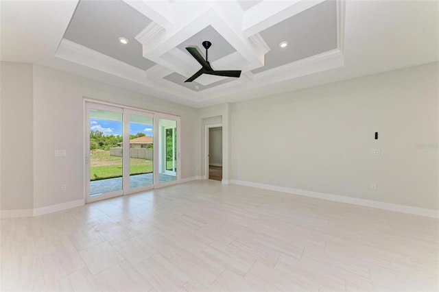 empty room featuring ceiling fan, light tile floors, beam ceiling, and coffered ceiling