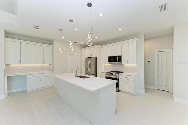 kitchen featuring a kitchen island with sink, white cabinets, appliances with stainless steel finishes, sink, and tasteful backsplash