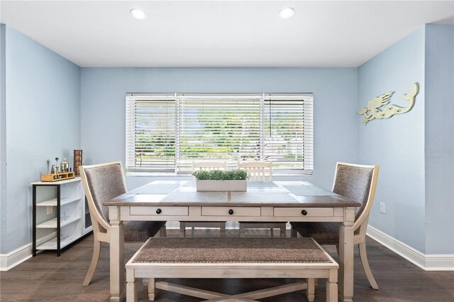 dining area with dark wood-style flooring, a wealth of natural light, and baseboards