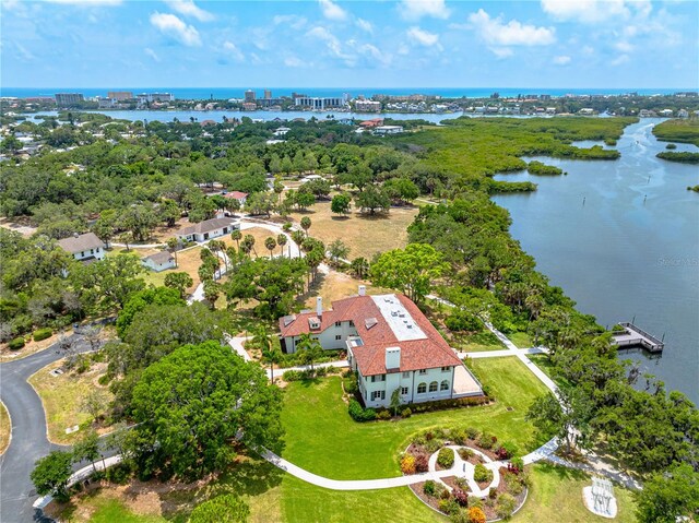 aerial view featuring a water view