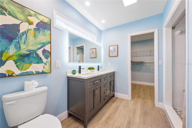 bathroom with a sink, baseboards, a walk in closet, and wood finished floors