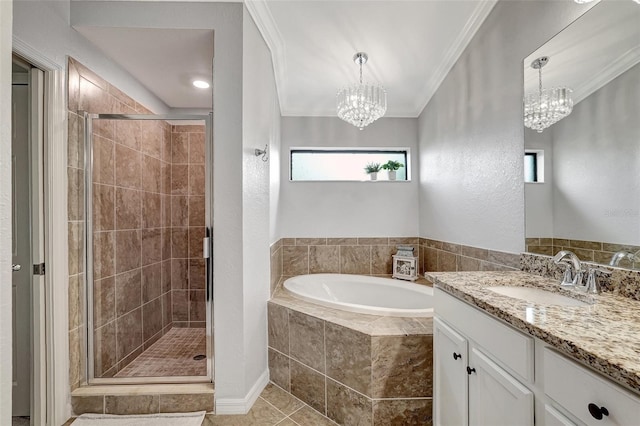 bathroom with oversized vanity, plus walk in shower, tile floors, a chandelier, and ornamental molding