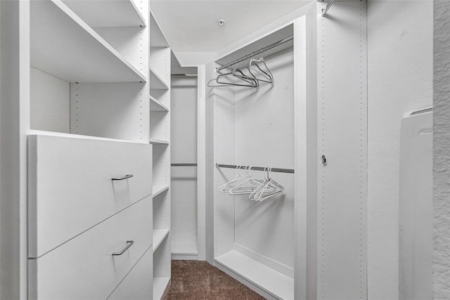 spacious closet featuring dark carpet