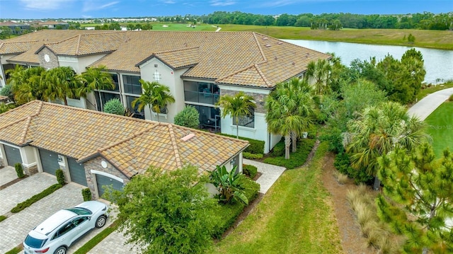 drone / aerial view featuring a water view