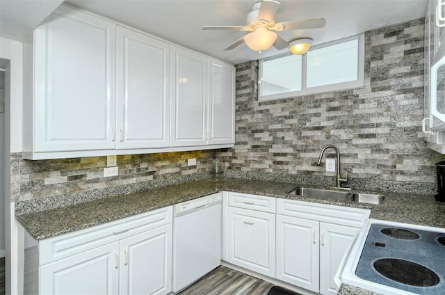 kitchen featuring dishwasher, white cabinetry, and ceiling fan