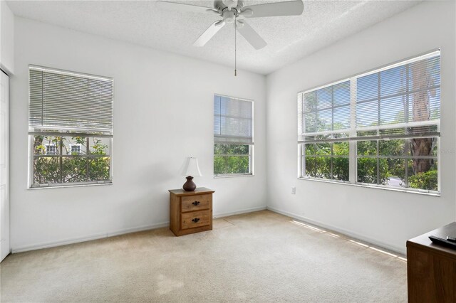 carpeted spare room with ceiling fan and a textured ceiling