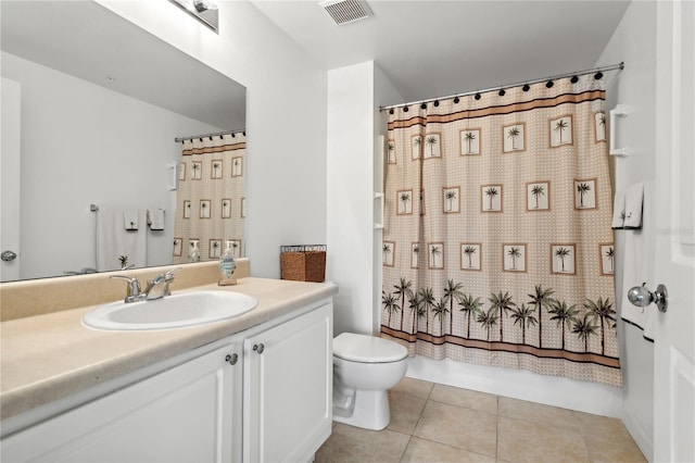 full bathroom featuring shower / bathtub combination with curtain, vanity, toilet, and tile floors