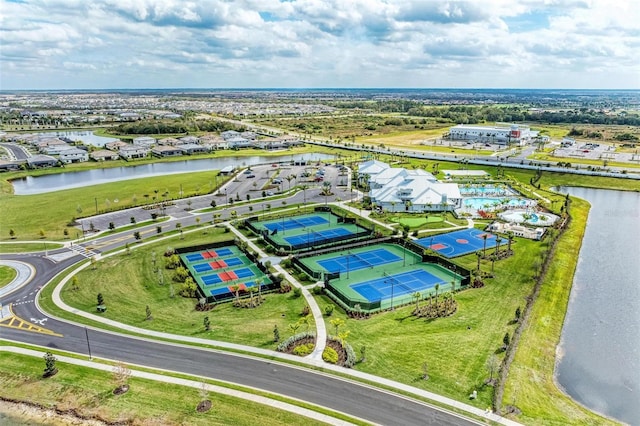 bird's eye view with a water view