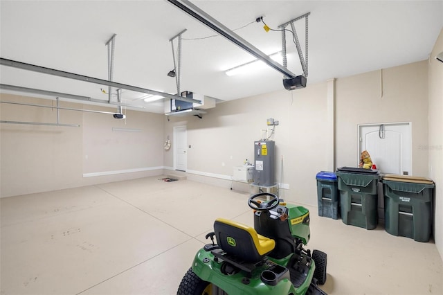 garage with electric water heater and a garage door opener