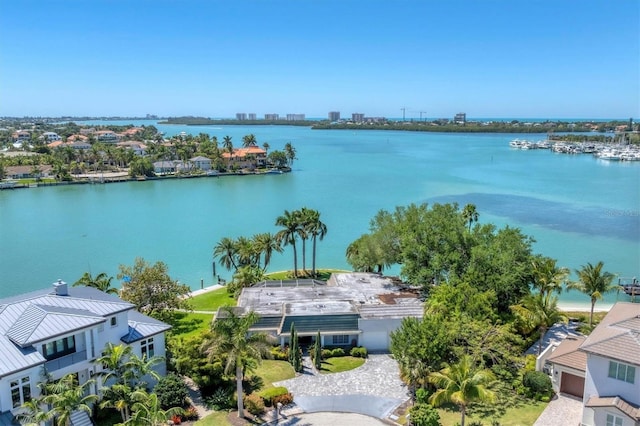 drone / aerial view featuring a water view