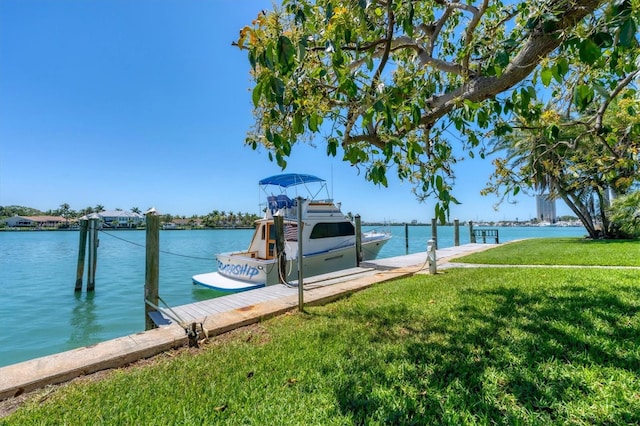 dock area featuring a lawn and a water view