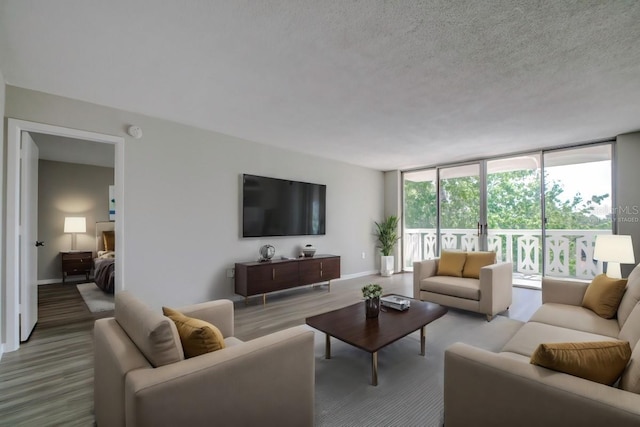 living room featuring expansive windows, baseboards, a textured ceiling, and wood finished floors