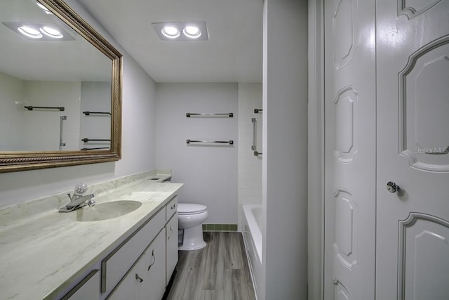 bathroom featuring vanity, toilet, and wood finished floors