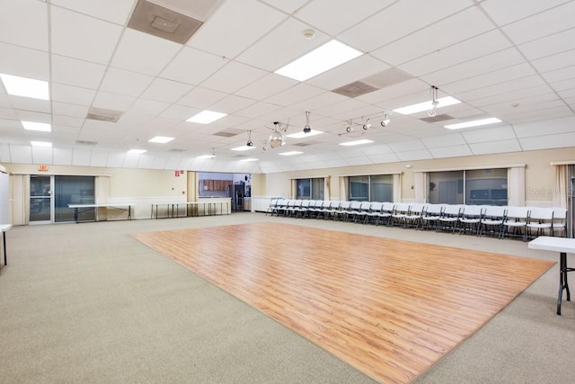 workout area featuring carpet floors and a paneled ceiling