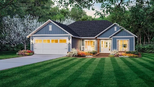 craftsman-style house with a garage and a front lawn