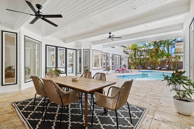 sunroom with ceiling fan, a swimming pool, beamed ceiling, and wood ceiling