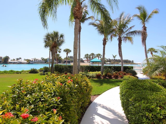 surrounding community featuring a lawn and a water view