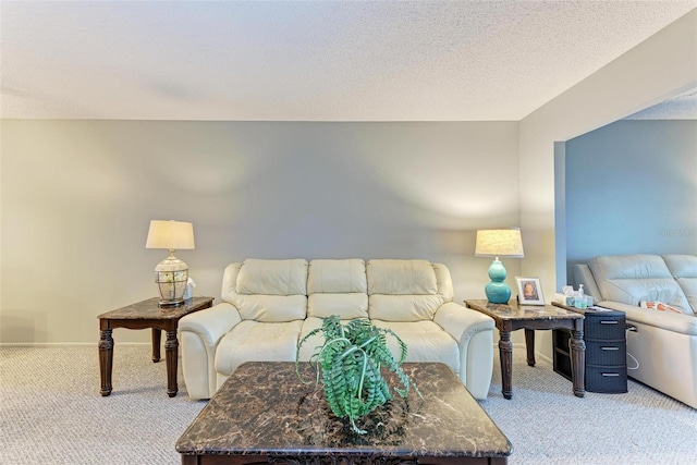 carpeted living room with a textured ceiling