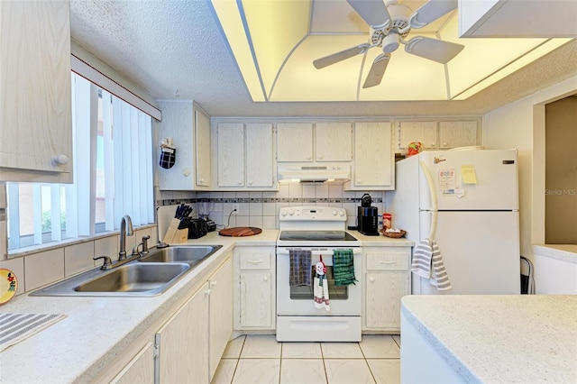 kitchen with ceiling fan, sink, white appliances, tasteful backsplash, and premium range hood