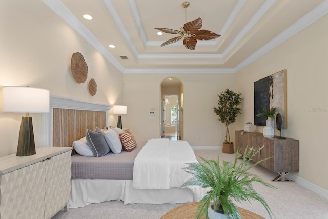 bedroom featuring ornamental molding, ceiling fan, and carpet floors