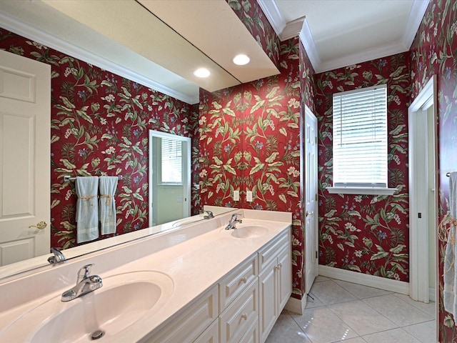 bathroom featuring tile patterned flooring, vanity, and ornamental molding