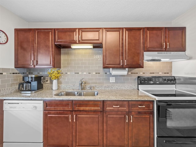 kitchen featuring electric range oven, backsplash, white dishwasher, sink, and a textured ceiling