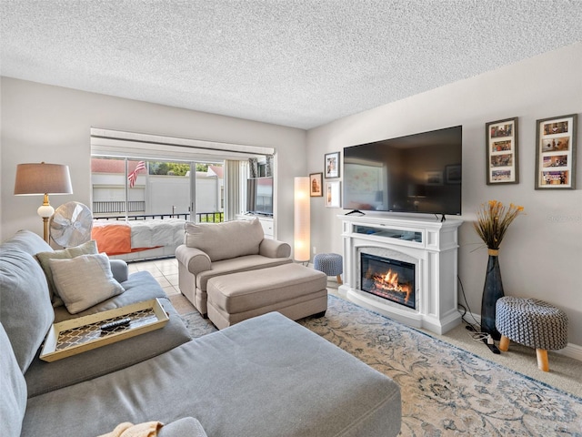 living room with a textured ceiling