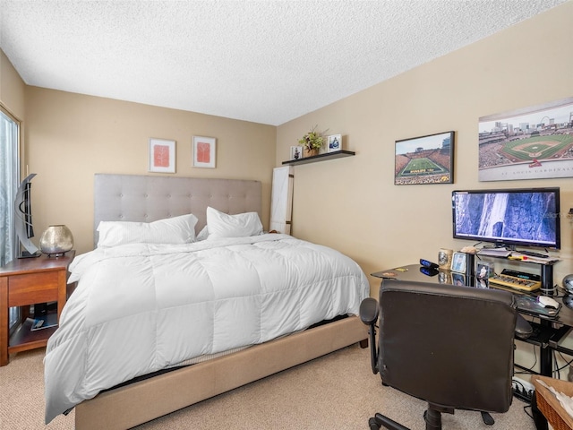 carpeted bedroom with a textured ceiling