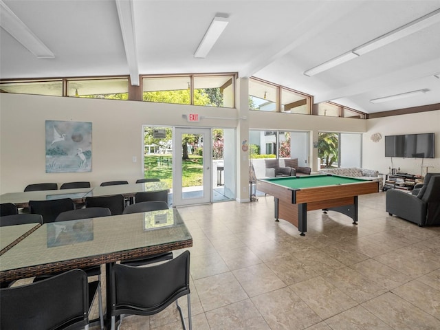 recreation room with french doors, lofted ceiling with beams, light tile flooring, and billiards