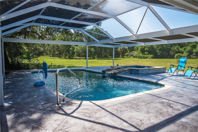 view of pool with a lanai, a patio, and a lawn