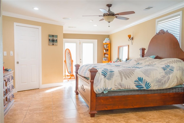 bedroom featuring ornamental molding, french doors, ceiling fan, and light tile floors