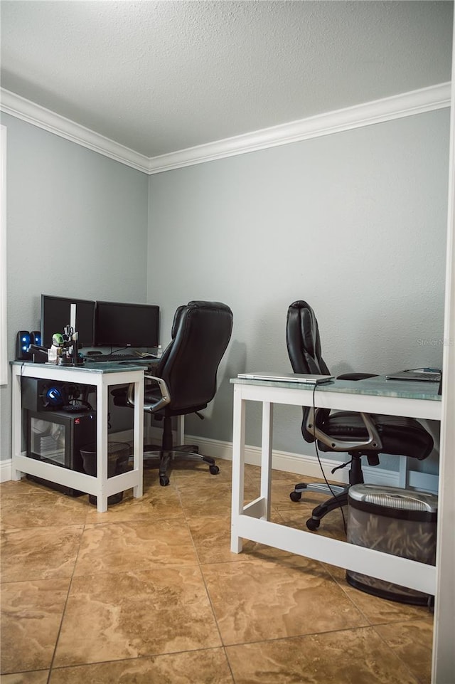 home office with tile flooring, crown molding, and a textured ceiling