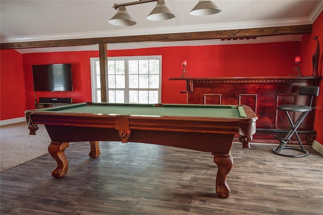 playroom with wood-type flooring, pool table, and crown molding